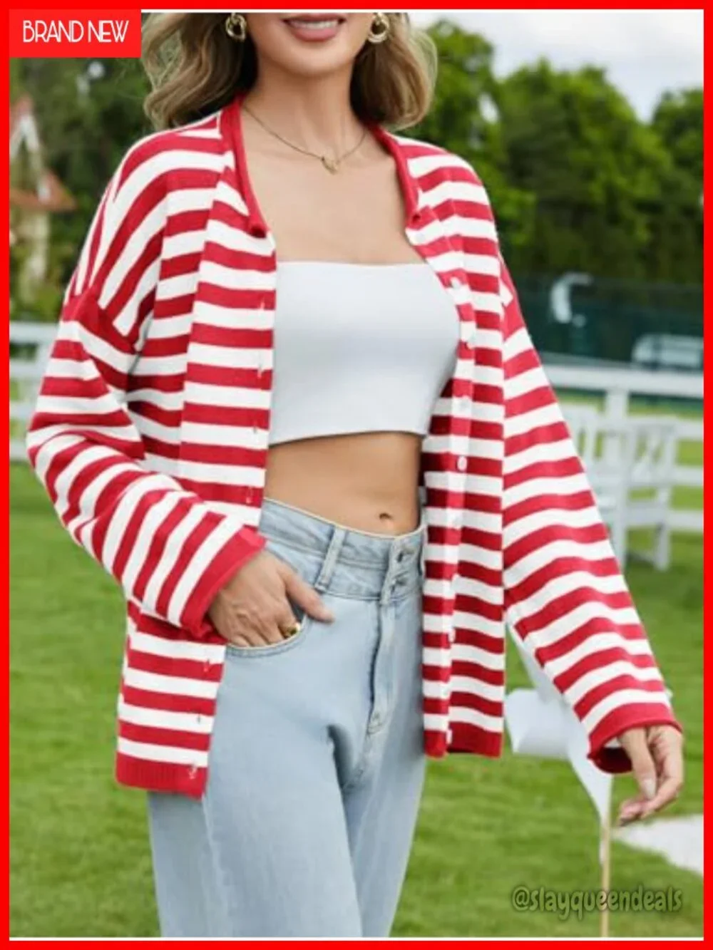 Striped Knit Cardigan Open Front Lightweight Long Sleeve Button Down Sweater